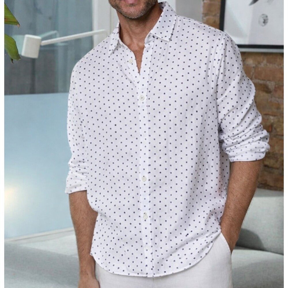 100% Linen Raffi White Button Down Shirt Star Print Size large Old Money Resort